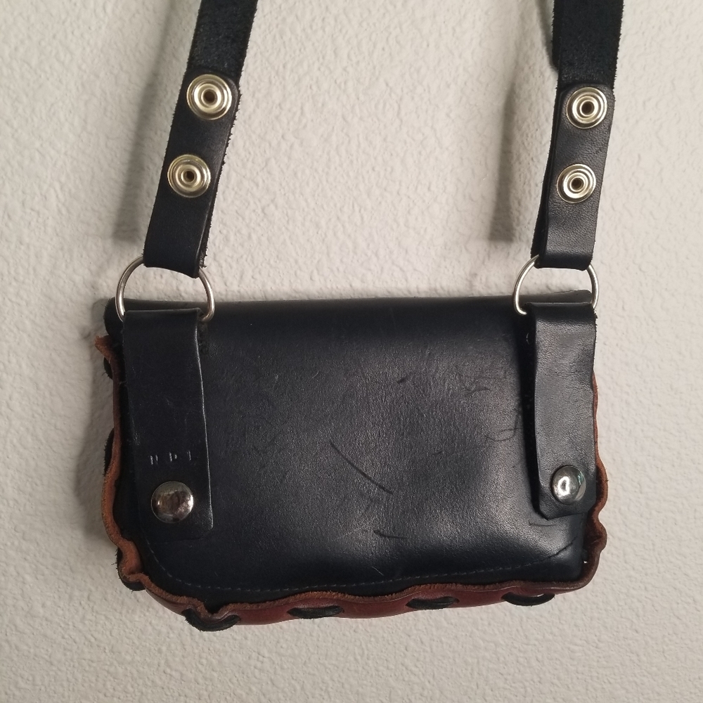 Hand crafted small laced leather crossbody clutch purse Black Brown - Picture 2 of 11